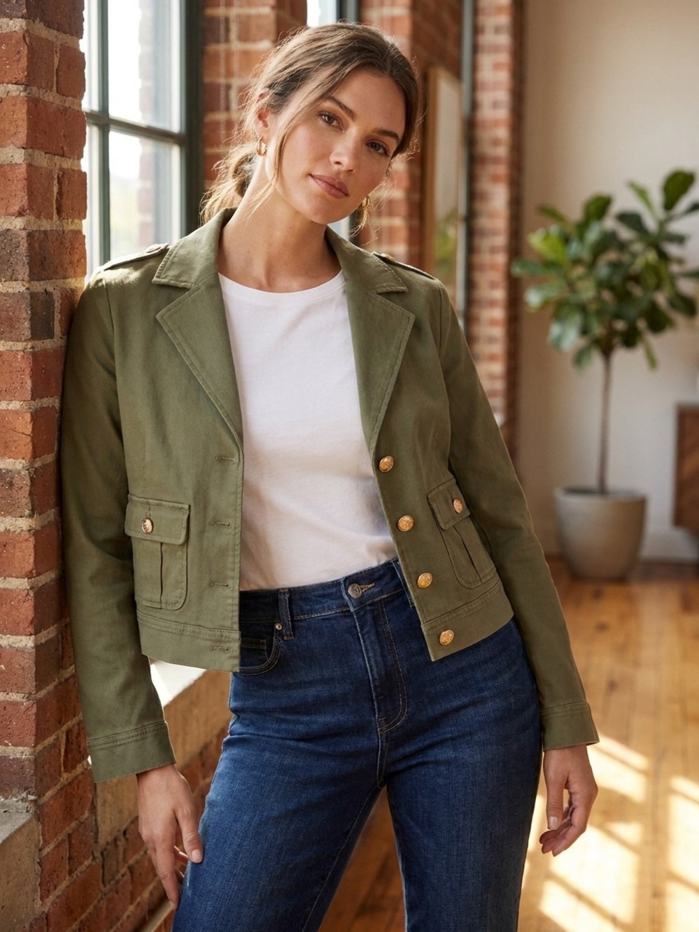 Talbots Olive Green Utility Jacket with Gold Buttons